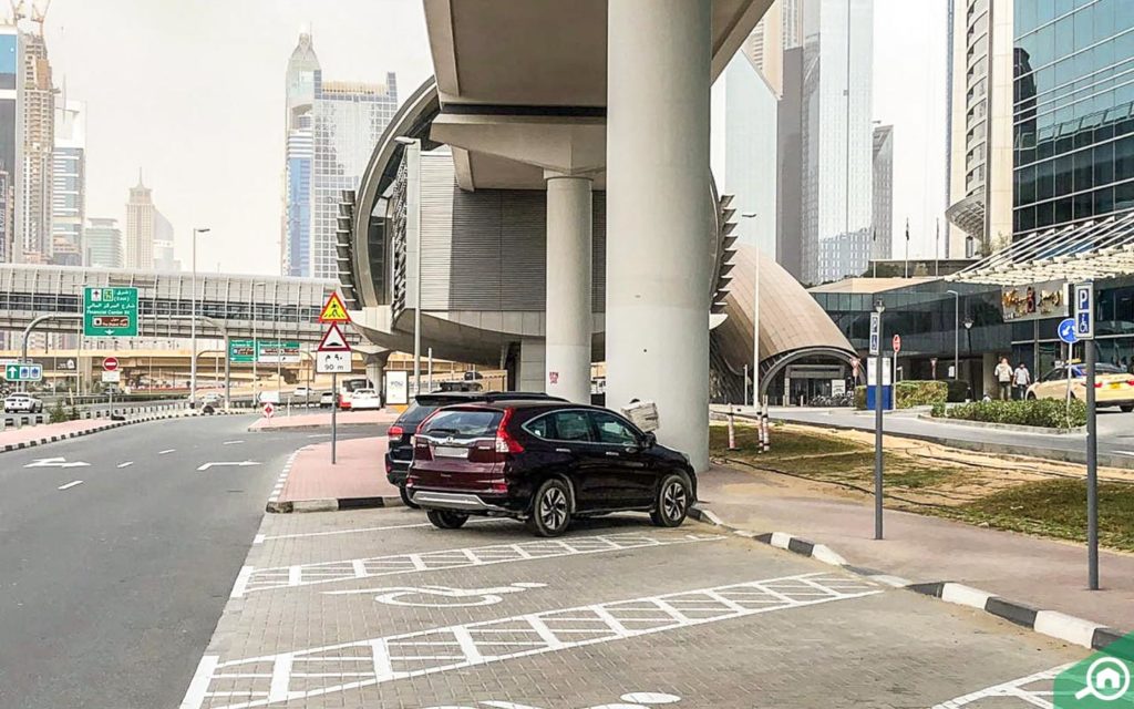 Parking spots for cars outside 48 Burj Gate in Downtown Dubai
